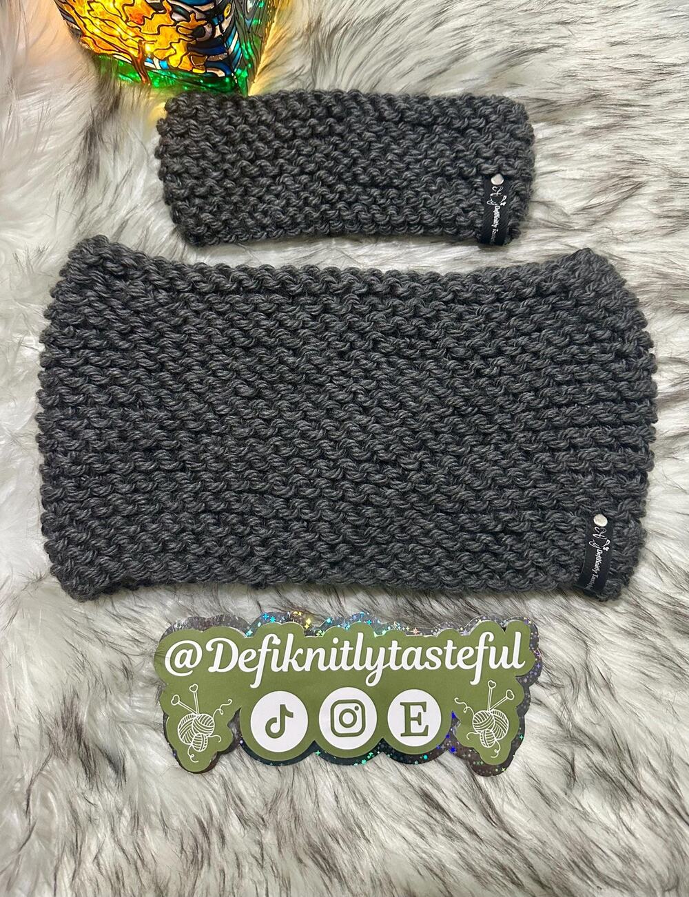 Hand Knit Wool Blend Headband and Cowl Set: Grey Earwarmer Gift